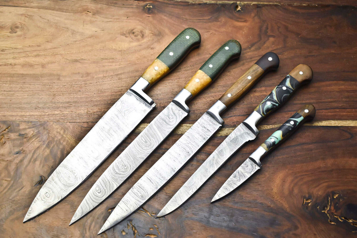 Premium Lot of 5 Handmade Hammered Damascus Steel Chef Knives – Full Tang, Handcrafted