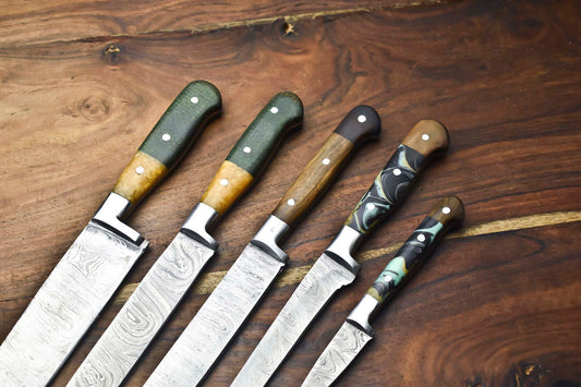 Premium Lot of 5 Handmade Hammered Damascus Steel Chef Knives – Full Tang, Handcrafted