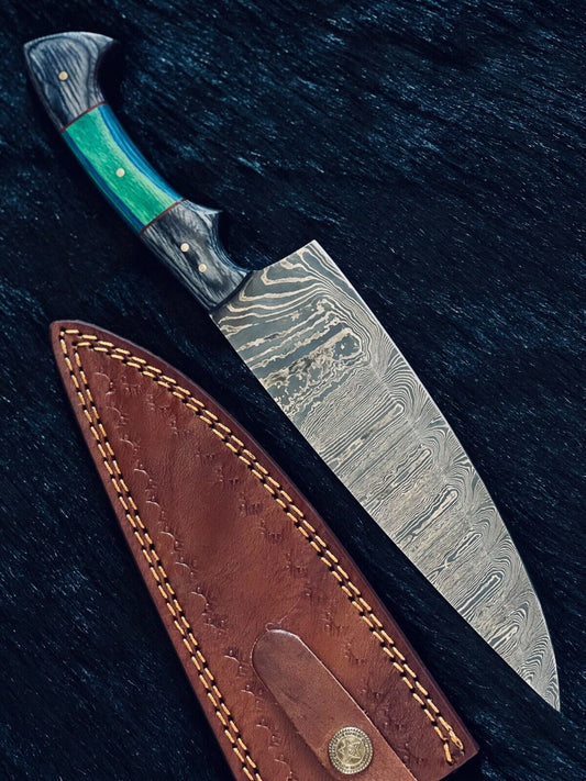 12.5" Custom Handmade Ladder Damascus Steel Sentoku Chef Knife – Camping & Hunting Knife