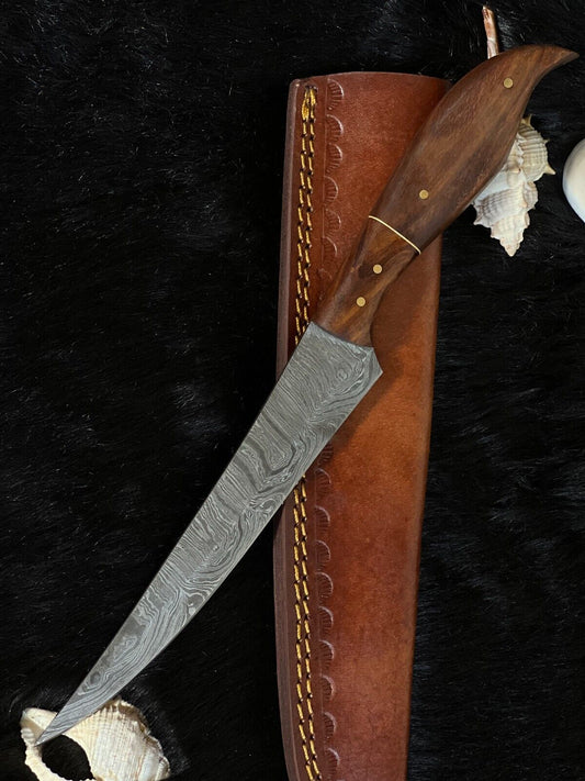 12" Handmade Damascus Bowie Knife – Camel Bone & Wood Handle | Twist Pattern Blade