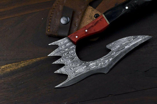 Handmade Damascus Steel Hunting Axe Knife Ram's Horn Handle Clever Chopper with Leather Sheath