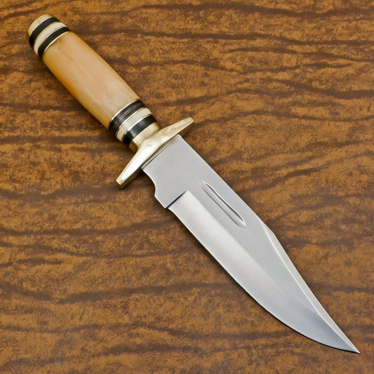 Handmade D2 Clip Point Bowie EDC Hunting Knife – Bone & Wood Handle with Sheath
