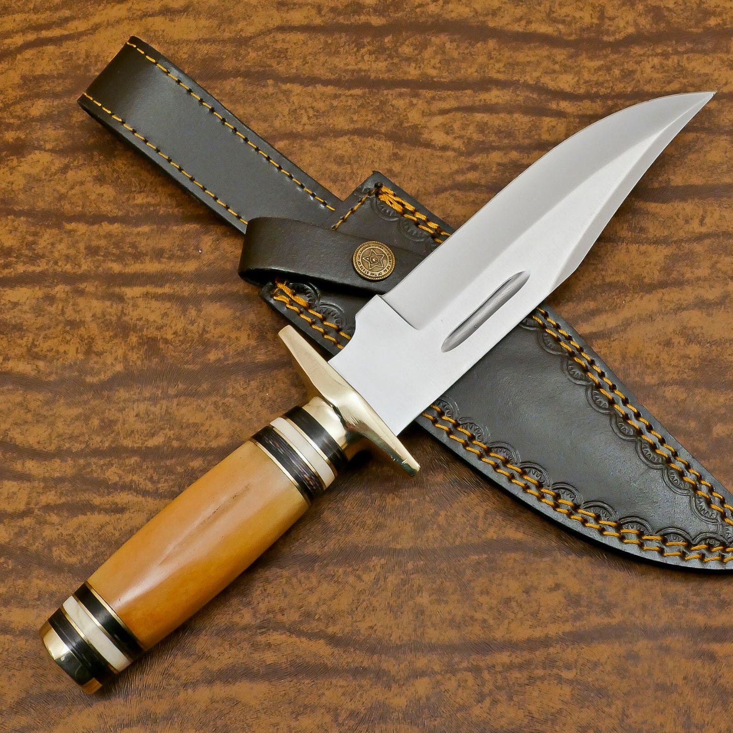 Handmade D2 Clip Point Bowie EDC Hunting Knife – Bone & Wood Handle with Sheath