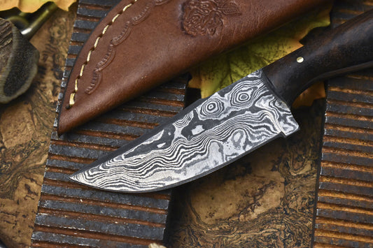 Hand Crafted Rain Drop Damascus Skinner Knife 8 Inch with Walnut Wood Handle W/ Leather Sheath