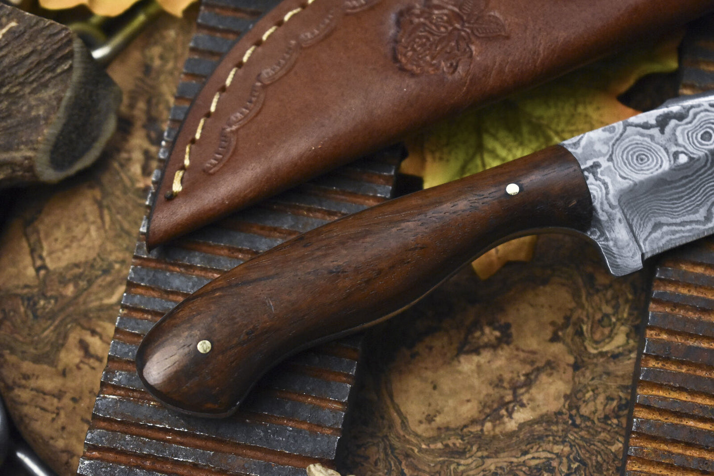 Hand Crafted Rain Drop Damascus Skinner Knife 8 Inch with Walnut Wood Handle W/ Leather Sheath
