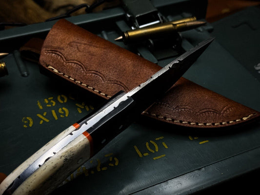 Handmade Damascus Steel Hunting Survival Knife Camel Bone Handle, Leather Sheath