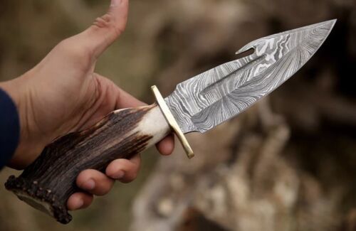 10 Inch Custom Forged Damascus Gut Hook Hunting Knife with Deer Crown Stag Handle