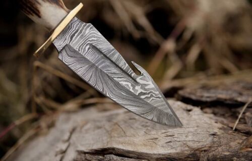 10 Inch Custom Forged Damascus Gut Hook Hunting Knife with Deer Crown Stag Handle