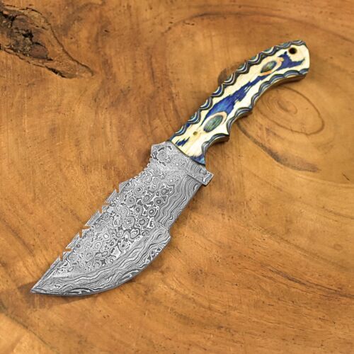 Handmade Damascus Steel Hunting & Camping Tracker Knife | Paka Wood, Camel Bone & Brass Handle