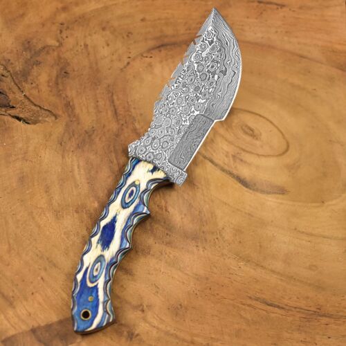 Handmade Damascus Steel Hunting & Camping Tracker Knife | Paka Wood, Camel Bone & Brass Handle