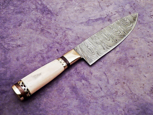 Beautiful Custom Handmade Chef Knife Damascus Camel Bone Scrimshaw EDC Bushcraft