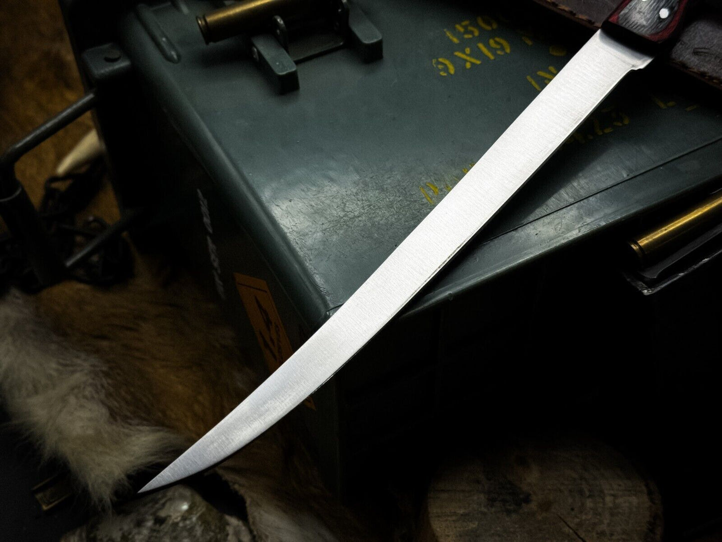 Handmade J2 Steel Kitchen Chef Fillet Knife Ram Horn Handle, Cow Leather Sheath