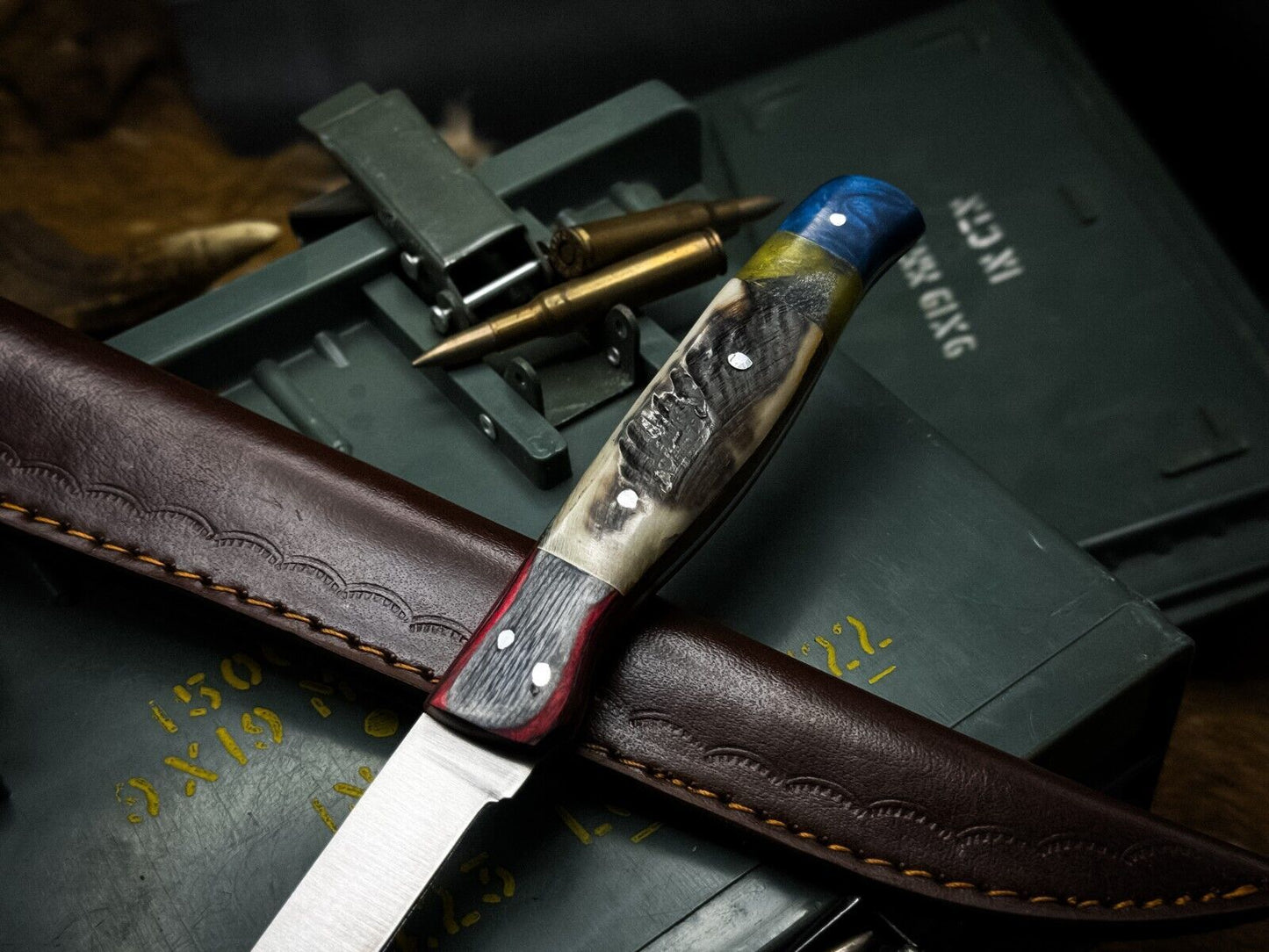 Handmade J2 Steel Kitchen Chef Fillet Knife Ram Horn Handle, Cow Leather Sheath