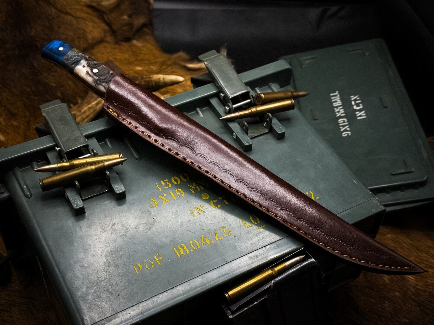 Handmade J2 Steel Kitchen Chef Fillet Knife Ram Horn Handle, Cow Leather Sheath