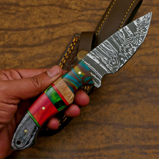 Hand Forged Resin Wood Damascus Skinner Knife – Custom EDC Hunting Fixed Blade