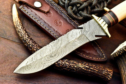 12.5" Damascus Bowie Knife | Camel Bone Handle & Leather Sheath