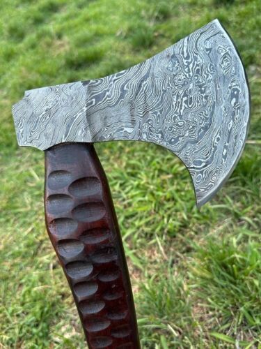 Custom Hand-Forged Damascus Steel Camping Hatchet Tomahawk Axe | 20-Inch Viking Axe with Engraved Natural Wood Handle & Leather Sheath