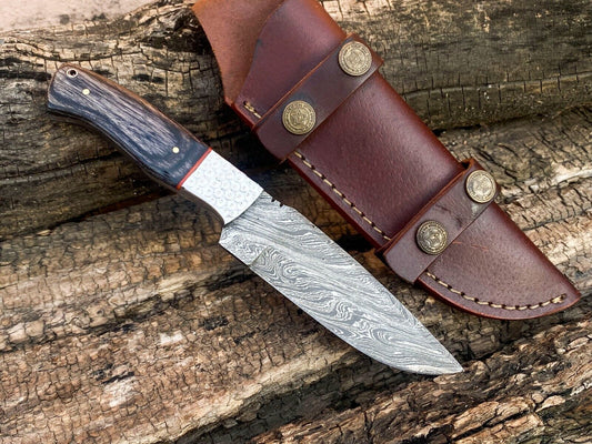 Custom Hand Forged Damascus Steel Bowie Hunting Knife | Engraved Bolster & Wood Handle