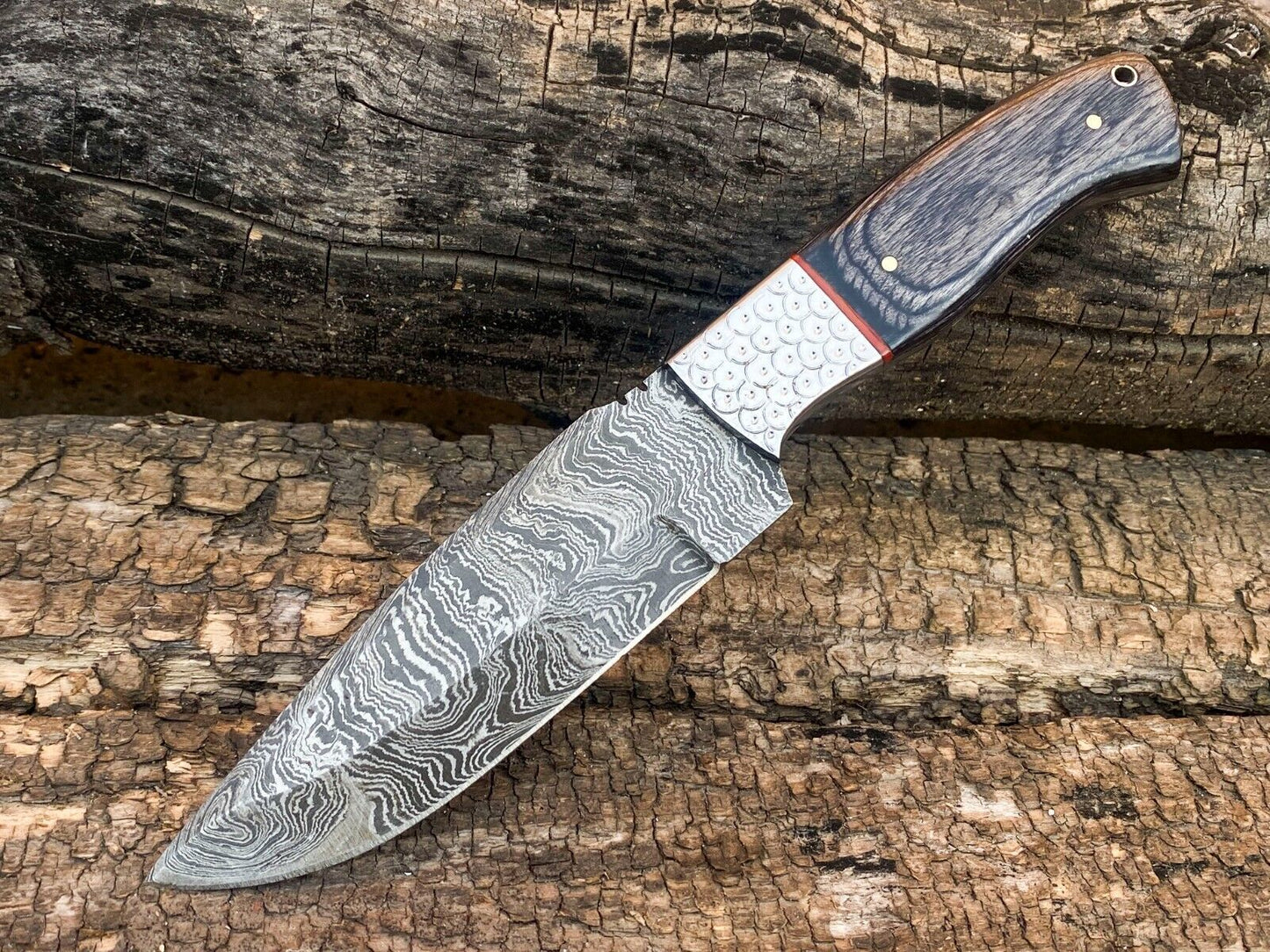 Custom Hand Forged Damascus Steel Bowie Hunting Knife | Engraved Bolster & Wood Handle