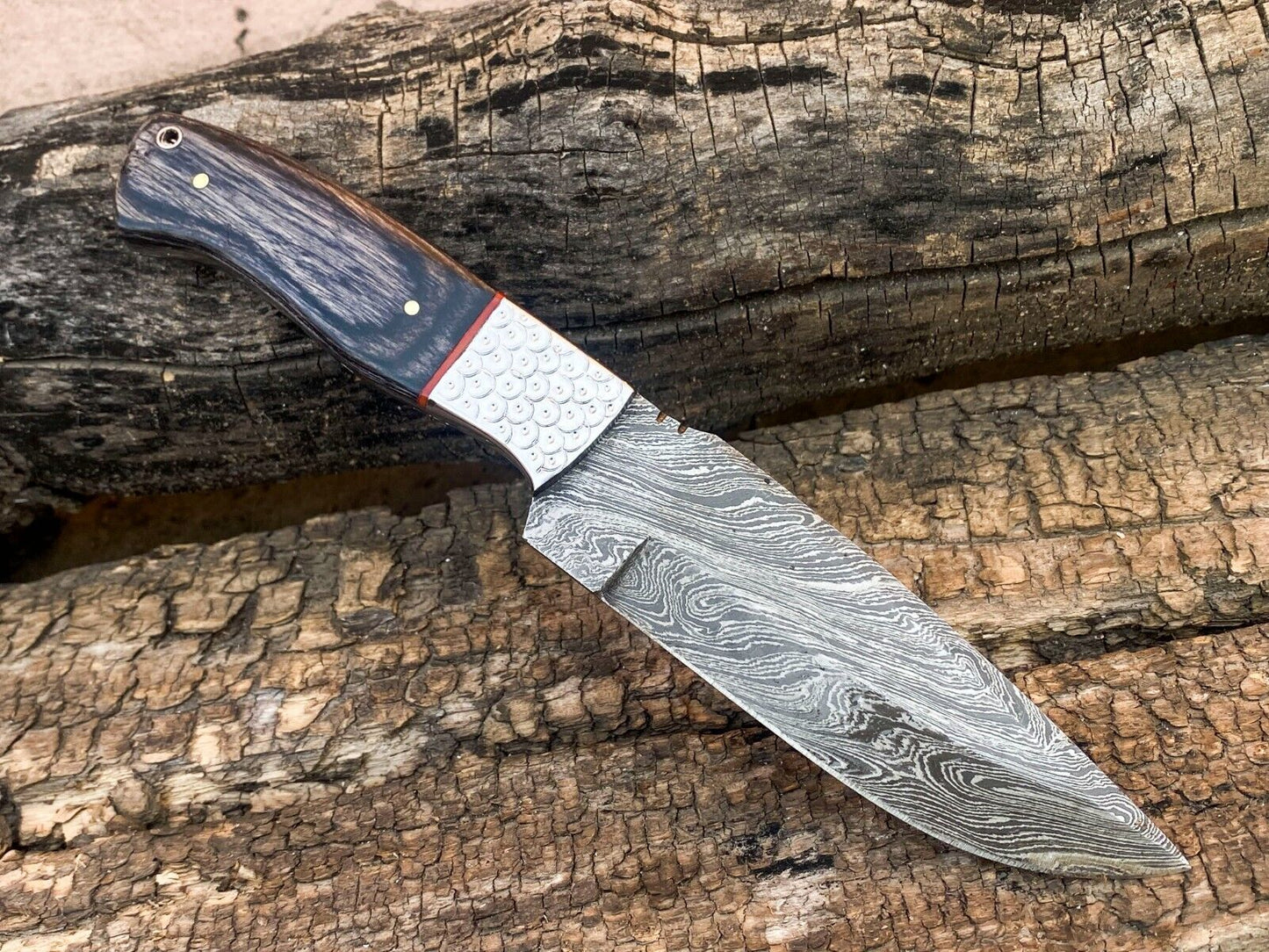 Custom Hand Forged Damascus Steel Bowie Hunting Knife | Engraved Bolster & Wood Handle