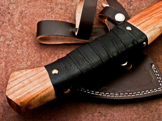 Hand Forged Viking Tomahawk Axe 18 Inch High Carbon Steel Bearded Hatchet with Wood Handle and Leather Sheath