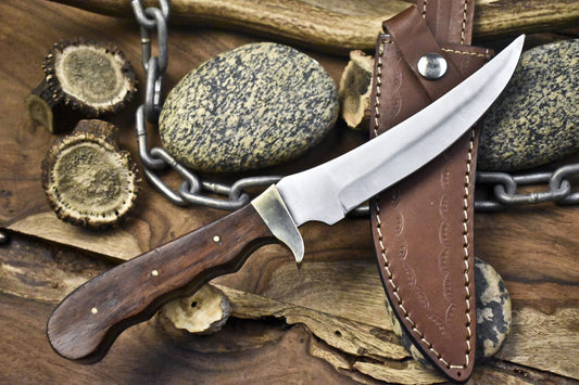 11" Skinner Knife AUS-8 Steel Walnut Wood Handle Brass Guard with Leather Sheath