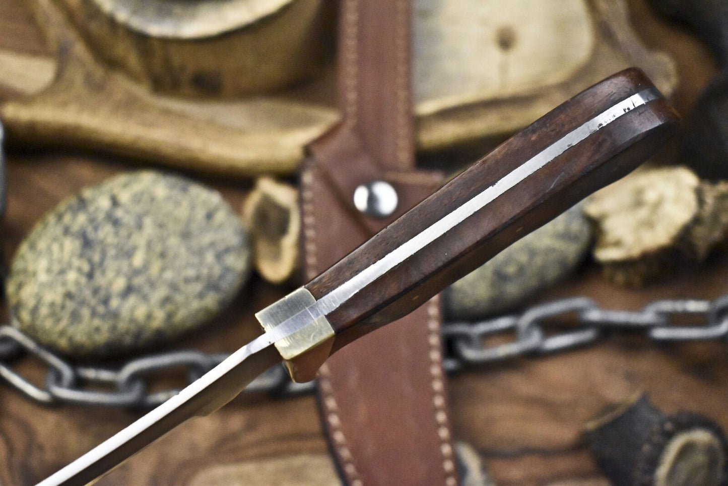 11" Skinner Knife AUS-8 Steel Walnut Wood Handle Brass Guard with Leather Sheath