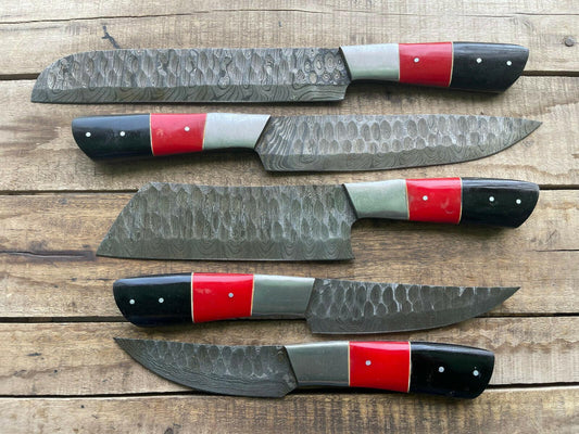 5-Piece Handmade Damascus Steel Kitchen Chef Knife Set with Wood Handles