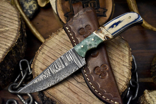 8.0" Custom Skinner Knife Twist Damascus Bone and Wood Handle with Sheath