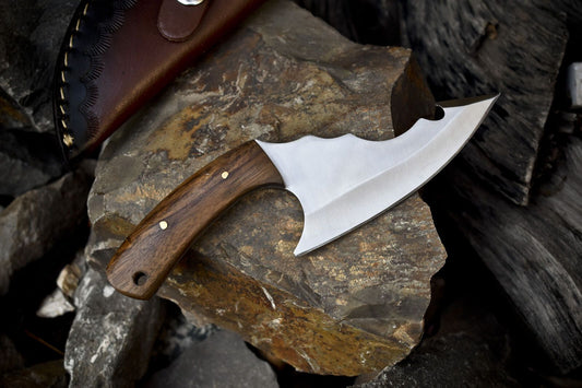 7" Custom AUS-8 Steel Skinner Knife – Walnut Wood Handle, Leather Sheath, Rare Outdoor Gift