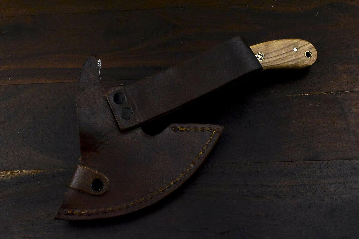 Hand Forged Damascus Steel Olive Wood Clever Chopper Axe Knife with Leather Sheath