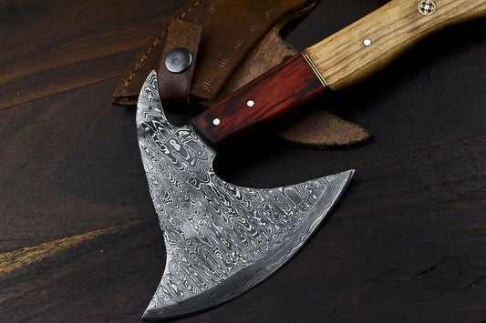 Hand Forged Damascus Steel Olive Wood Clever Chopper Axe Knife with Leather Sheath