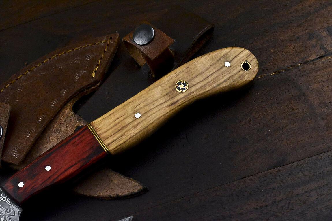 Hand Forged Damascus Steel Olive Wood Clever Chopper Axe Knife with Leather Sheath