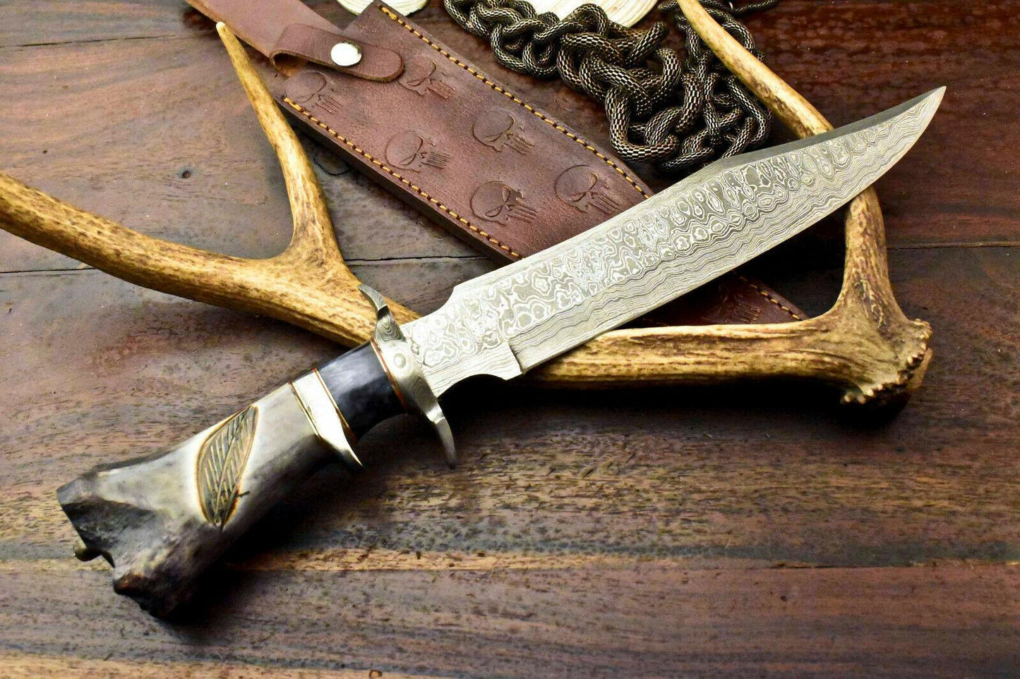 15.5" Damascus Steel Bowie Knife – Engraved Camel Bone Handle with Leather Sheath