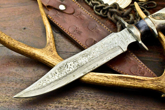 15.5" Damascus Steel Bowie Knife – Engraved Camel Bone Handle with Leather Sheath
