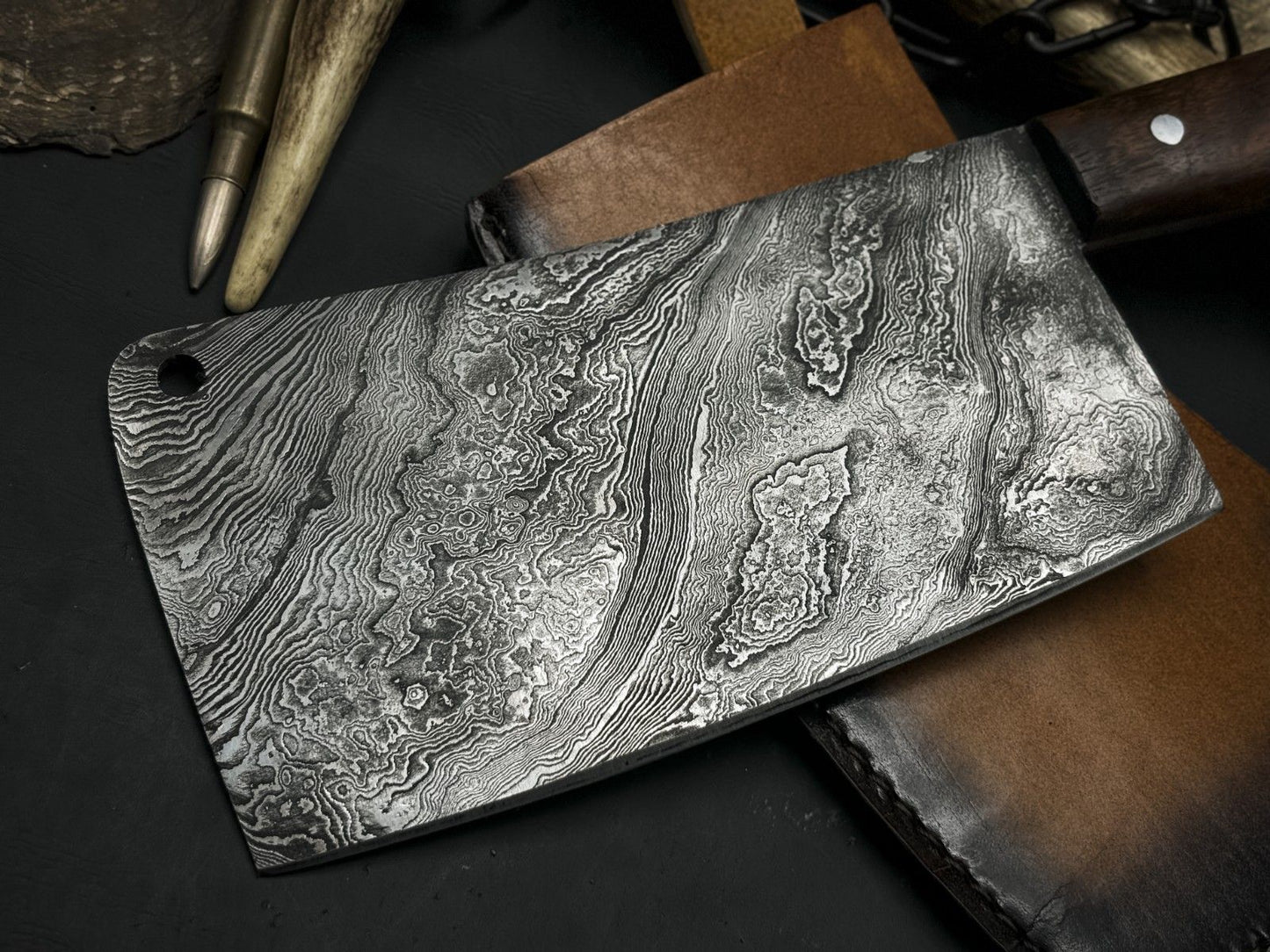 Handmade Damascus Steel Chef Cleaver – Full Tang EDC Kitchen Knife with Wood Handle & Sheath
