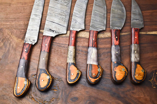 Custom Lot of 6 Handmade Hammered Damascus Steel Blade Chef Knife Set