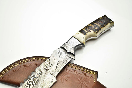 Handmade Damascus Tracker Knife | Ram’s Horn Handle | Full Tang Camping Blade