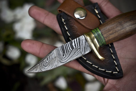 6" Custom Forged Damascus Skinner Knife with Twist Pattern and Walnut Wood Handle for Outdoor Hunting Use