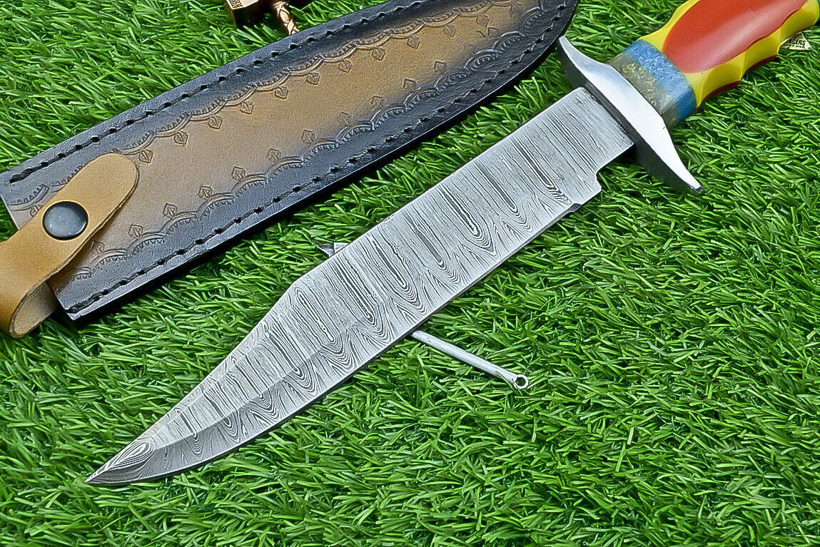 Heritage Forge 13 Inch Damascus Steel Bowie Knife with Resin Handle for Hunting and Camping