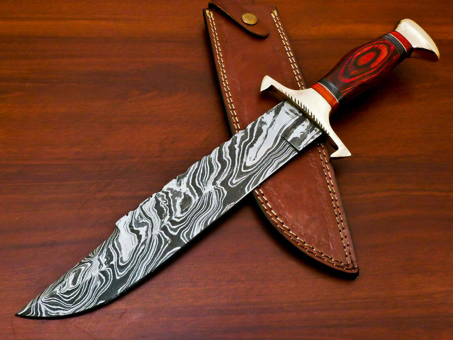 15.5" Handmade Damascus Bowie Knife | Pakka Wood Handle