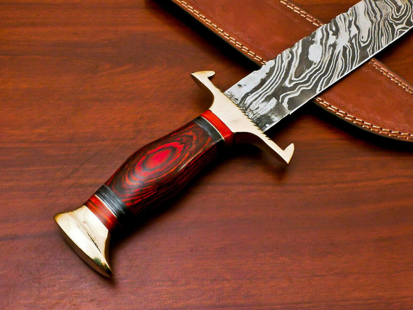 15.5" Handmade Damascus Bowie Knife | Pakka Wood Handle