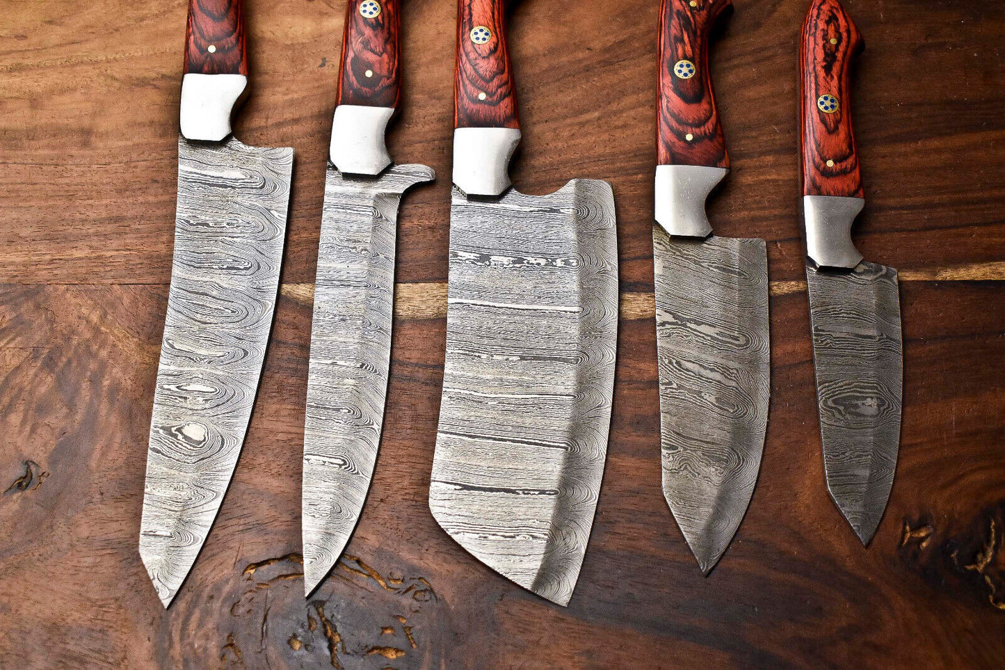 5-Piece Custom Handmade Hammered Damascus Steel Chef Knife Set with Forged Blades