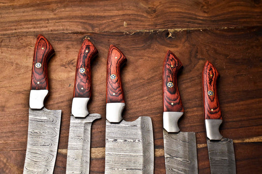 5-Piece Custom Handmade Hammered Damascus Steel Chef Knife Set with Forged Blades