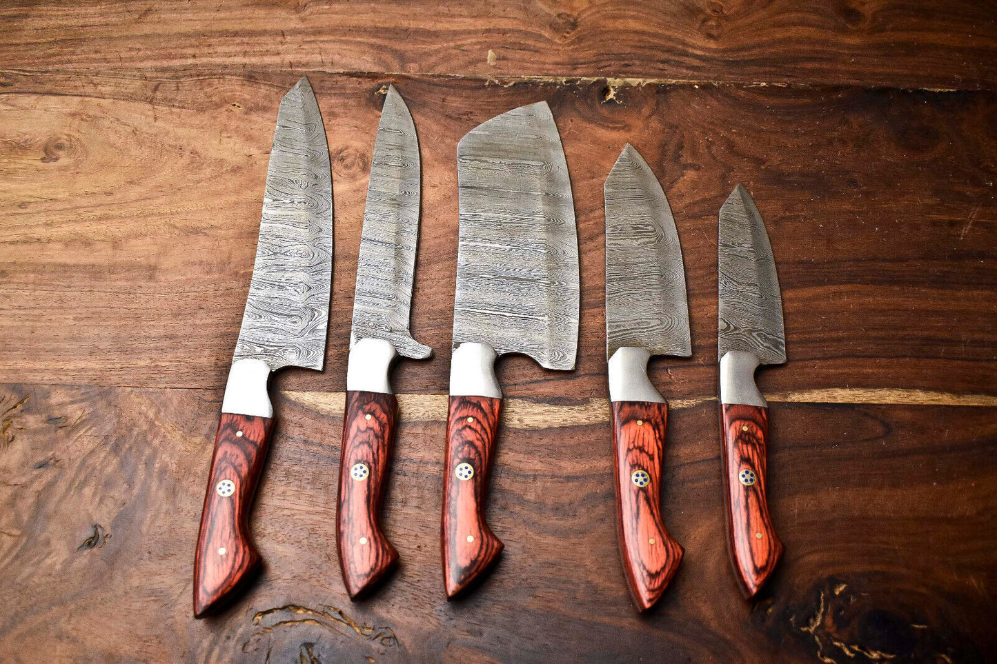 5-Piece Custom Handmade Hammered Damascus Steel Chef Knife Set with Forged Blades