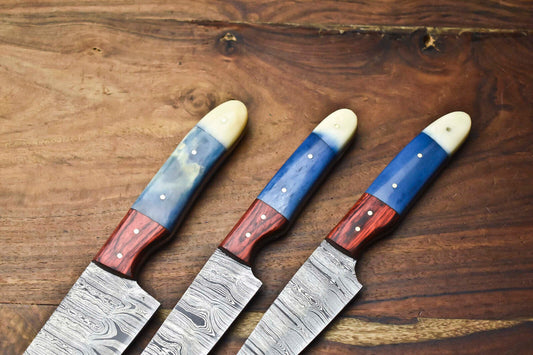 Custom Lot of 3 Handmade Hammered Damascus Steel Chef Knives