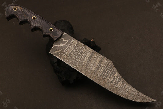 Heritage Forge 14 Inch Damascus Steel Bowie Knife with Camel Bone and Wood Handle for Camping and Hunting