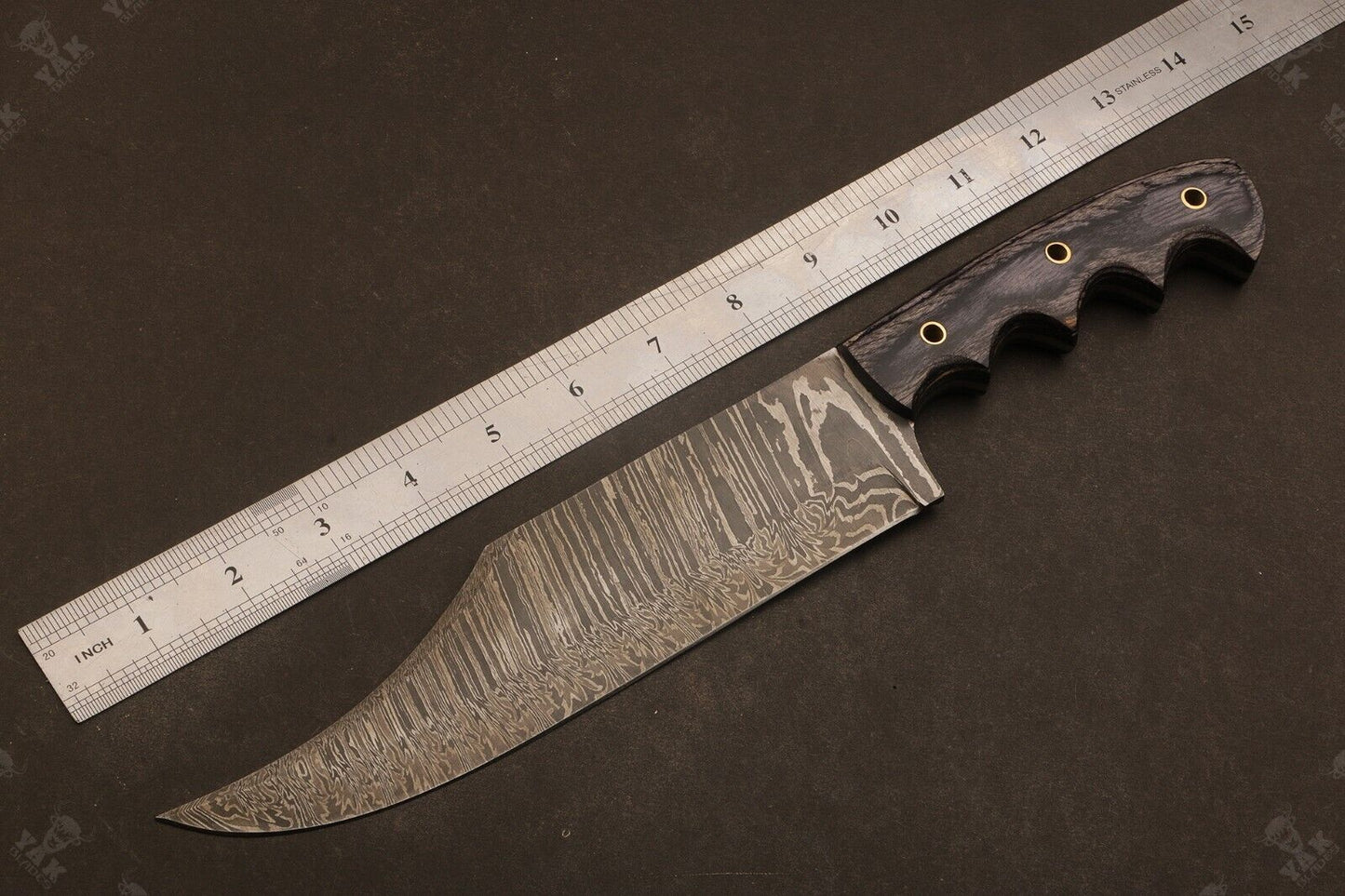 Heritage Forge 14 Inch Damascus Steel Bowie Knife with Camel Bone and Wood Handle for Camping and Hunting