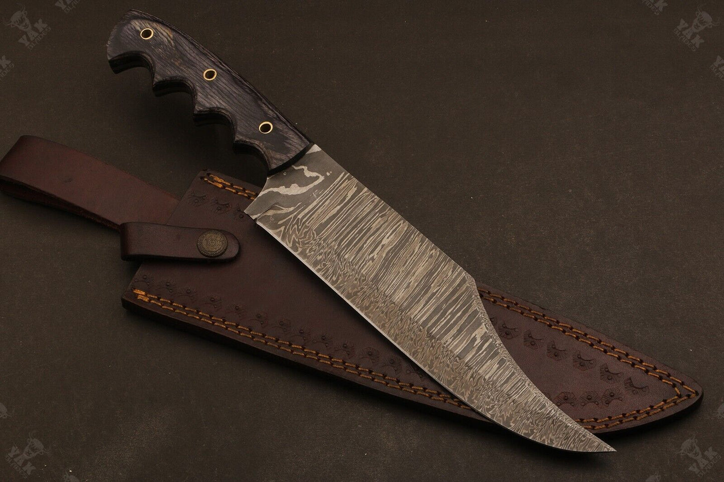 Heritage Forge 14 Inch Damascus Steel Bowie Knife with Camel Bone and Wood Handle for Camping and Hunting