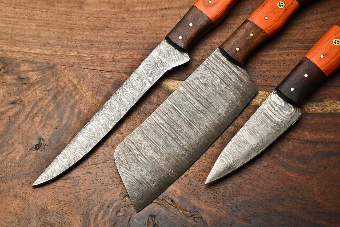 Lot of 3 PCS Custom Handmade Damascus Steel Blade Full Tang Chef Knife Set